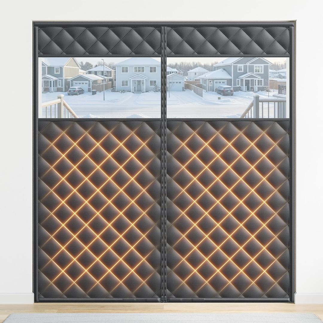 Magnetic Insulated Sliding Door Curtain Fits 72"x80" - Thermal French Door Cover for Winter with Clear Window, Patio Doors Insulation Kit & Doors Draft Stopper for Sliding Glass French Doorway - Black