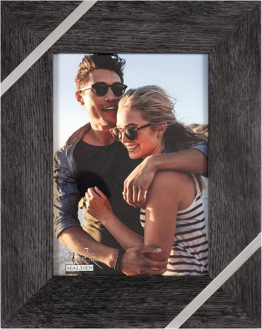 Malden International Designs 5x7 Rustic Gray Picture Frame With Wide Profile And Silver Metal Accents