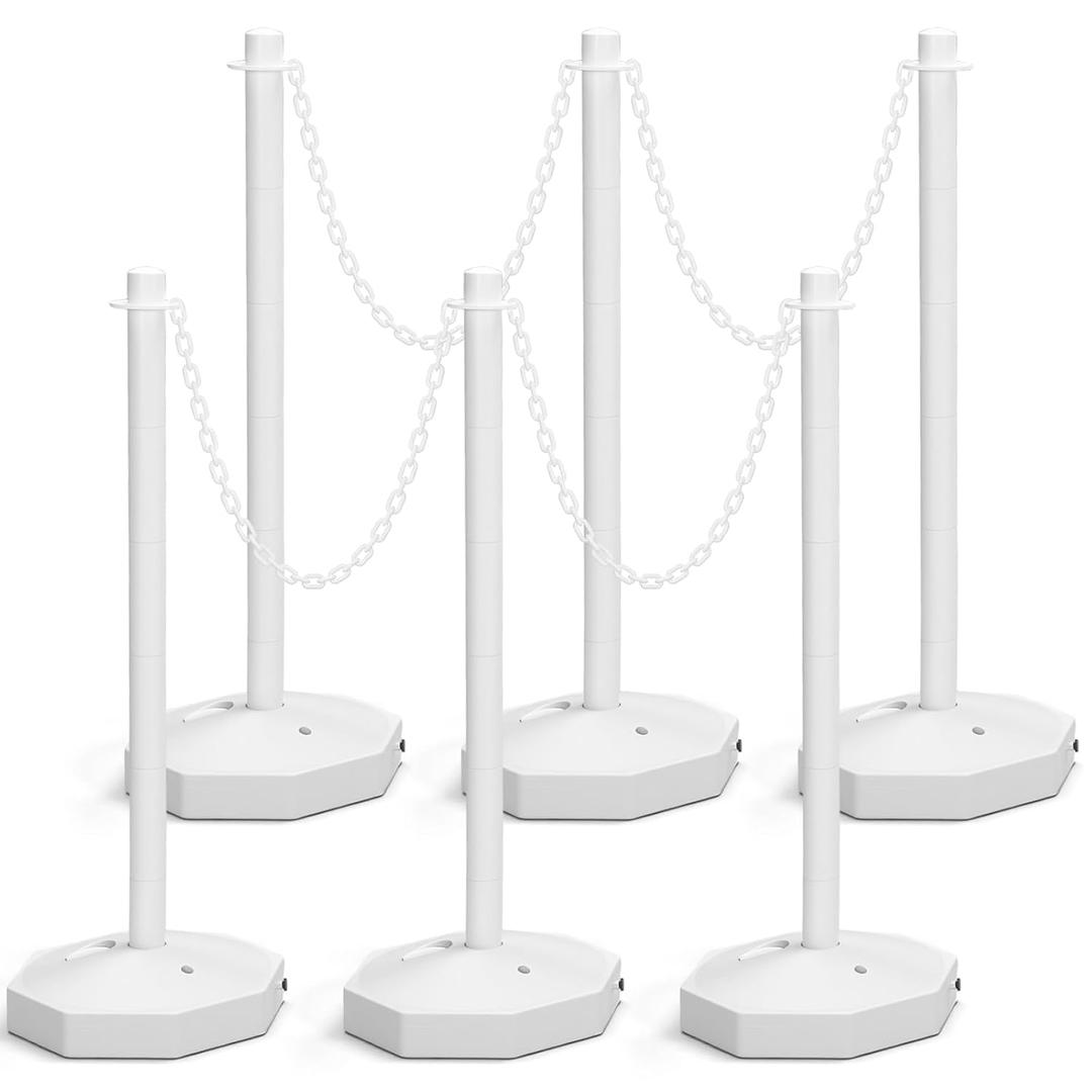 Geiserailie 6 Pack 34" Traffic Delineator Posts with 5FT Chains White Safety Barrier Posts Portable Traffic Cones Detachable Warning Bollard for Parking Lot Driveway Construction Work Crowd Control