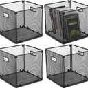 4 Pcs Foldable Metal Cube Storage Baskets 13x13 Kitchen Wire Baskets Stackable Mesh Laundry Organizer Bin with Handles for Shelves Kitchen Cabinets Closet Food (Black)