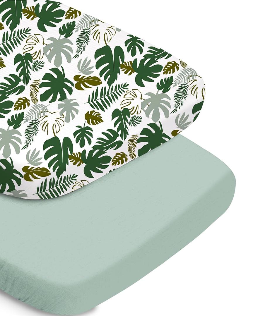 Baby Bassinet Sheet, Ultra Soft and Stretchable, for All Bassinet Mattresses, Monstera&Green, Breathable and Hypoallergenic (Tropical Sage)