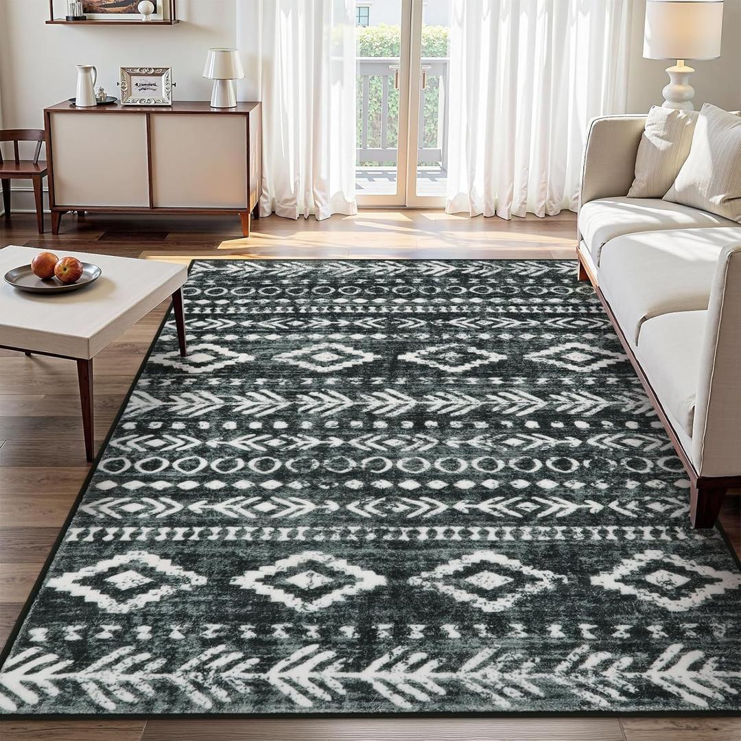 Lahome Machine Washable Non-Slip Rug 6x9 - Ultra-Thin Stain Resistant Boho Moroccan Black Area Rugs Soft Low-Pile Distressed Geometric Tribal Print Carpet for Living Room Bedroom Dining Room