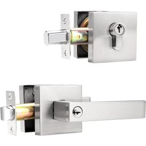 Probrico Square Entrance Lever with Double Cylinder Deadbolt Set Keyed Alike Combo Pack(for Office and Front Door), Heavy Duty Satin Nickel Entry Door Lockset for Right and Left Side, 1 Pack