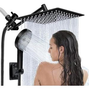 Shower Head,8”Rain Shower Head with Handheld Spray Combo and Adjustable Extension Arm/3-Way Flow Regulator/Shower System,High Pressure Rain Fall Hose,Matt Black