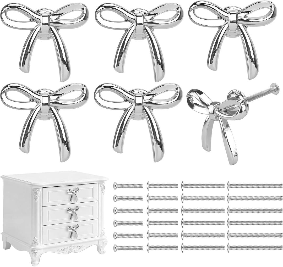 6 Pack Silver Bow Dresser Knobs Cute Drawer Knobs Zinc Alloy Brushed Brass Hardware Handles Pulls Vintage Cupboard Drawer Knob for Kitchen Cabinets Home Bedroom (6, Silver)