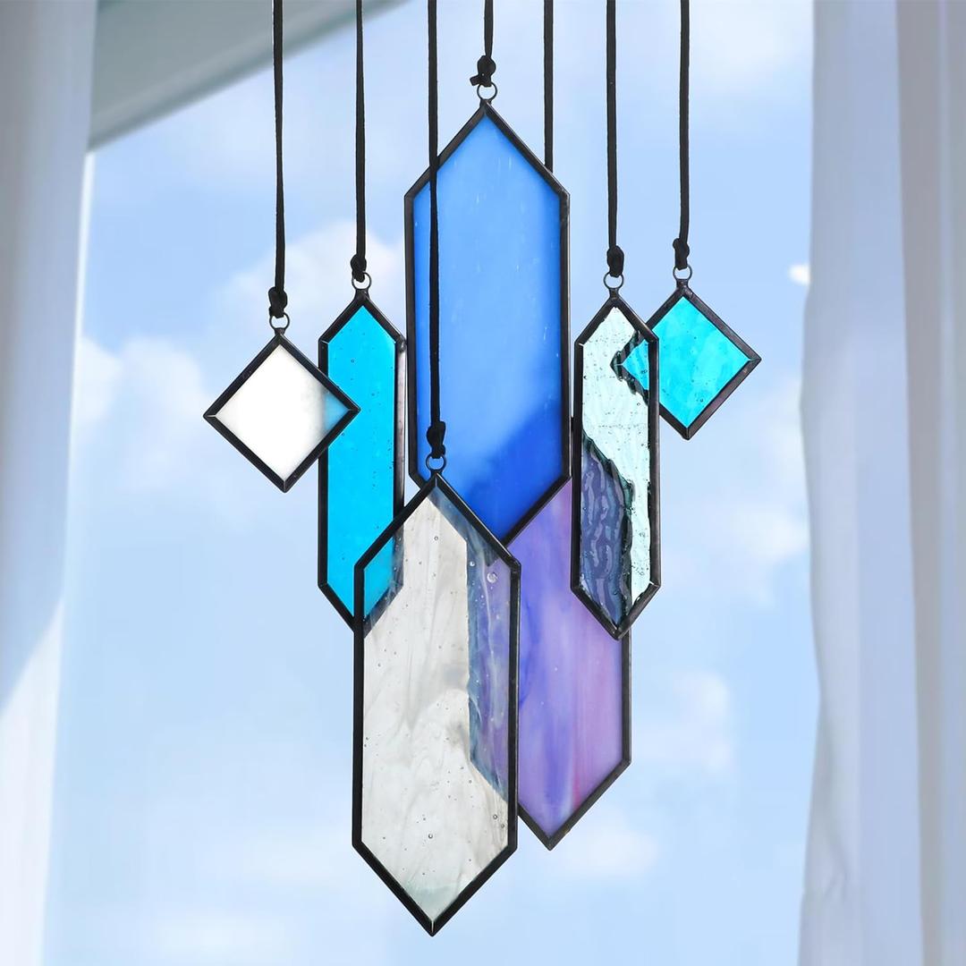 HDCRYSTALGIFTS Stained Glass Window Hanging Suncatchers - 7 Pieces Handcrafted Element Earth Tones Panel Set,Modern Blue Wall Art Sun Catchers Indoor Window Home Garden Decor