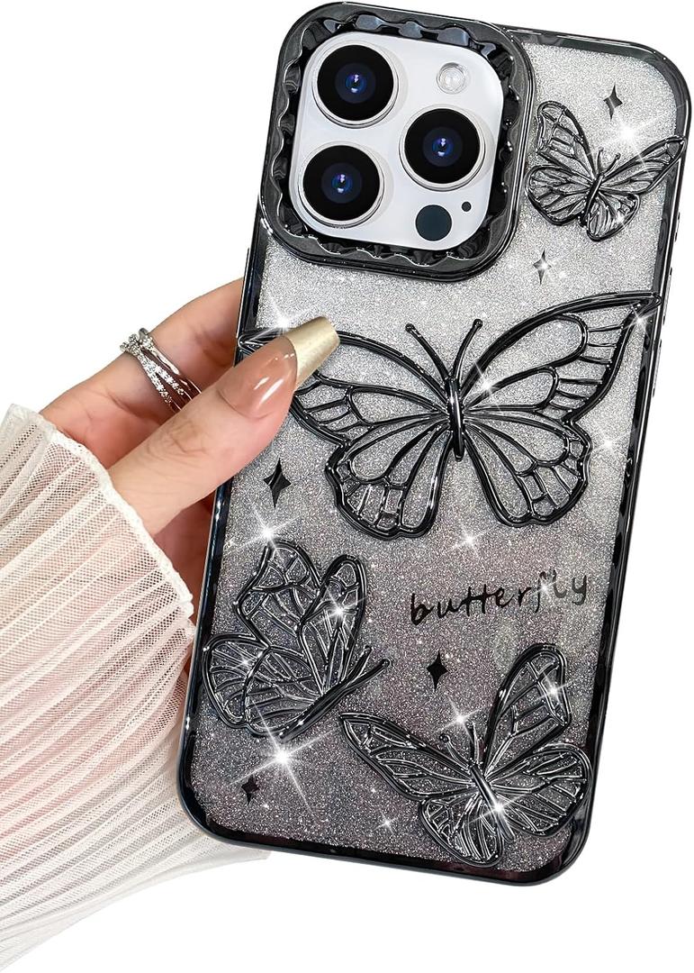BITOBE Designed for iPhone 12 Pro Max, Cute 3D Butterfly Case Slim Plating Glitter Bling Luxury Cover for Women Girls Protective Camera Protection Bumper 6.7" Black