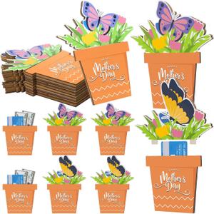 Novabright 6 Pcs Mother's Day Card Holders Gift Bulk Wooden Pack Pull-out Butterfly Flower Pot Money Holders Cute Solid Wood Display for Cards Cash Gift for Mom Happy Mother's Day Party Supplies