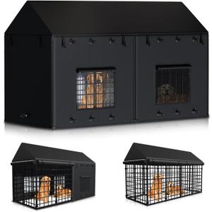 Outdoor Dog Kennel Cover for 8'Dx4'Wx6'H Full Coverage 900D Heavy Duty Waterproof Windproof Covers with EVA Window & Breathable Mesh for Large Dog Cage Outdoor (Cover Only) Black