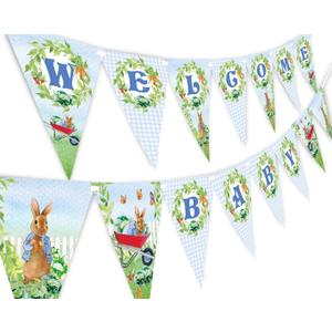 Peter Welcome Baby Banner Pennant - Rabbit Baby Shower Decoration - Peter Baby Shower Supplies - Blue