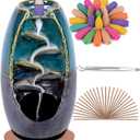 SPACEKEEPER Ceramic Backflow Incense Holder Waterfall Incense Burner, Aromatherapy Ornament Home Decor with 120 Backflow Incense Cones + 30 Incense Stick , Blue Set