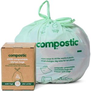 Compostic Home Compostable Trash Bags, 3 Gallon Small Kitchen Rubbish Bags (17 x 17.7), Extra Strong & Quickly Breaks Down, 50 Count
