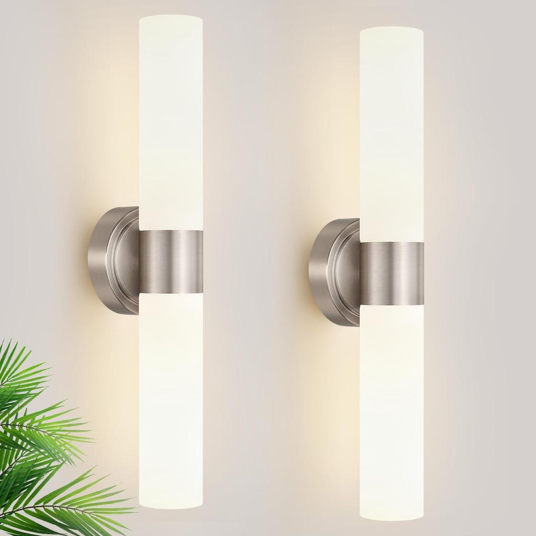 Wall Sconces Set of Two, Modern Bathroom Sconces Wall Lighting with Milky White Glass, Brushed Nickel Sconces Wall Decor Set of 2 for Bathroom Mirror Bedroom Living Room Hallway