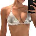 Women's Metallic Bikini Top - Halter Shiny Triangle Bralette Rave Tops Tie Side Swimsuit Bra (Large)