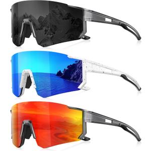 3 Pack Polarized Sunglasses for Men Women, Sports Mens Sunglasses with UV Protection for Baseball Cycling Running (A01-Gray/Ice Blue/Red)