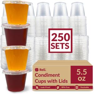 Reli. 5.5 oz Small Containers with Lids (250 Sets) | Jello Shot Cups with Lids | Clear Plastic Condiment Containers | 5 oz Portion Cup | 5oz Sauce