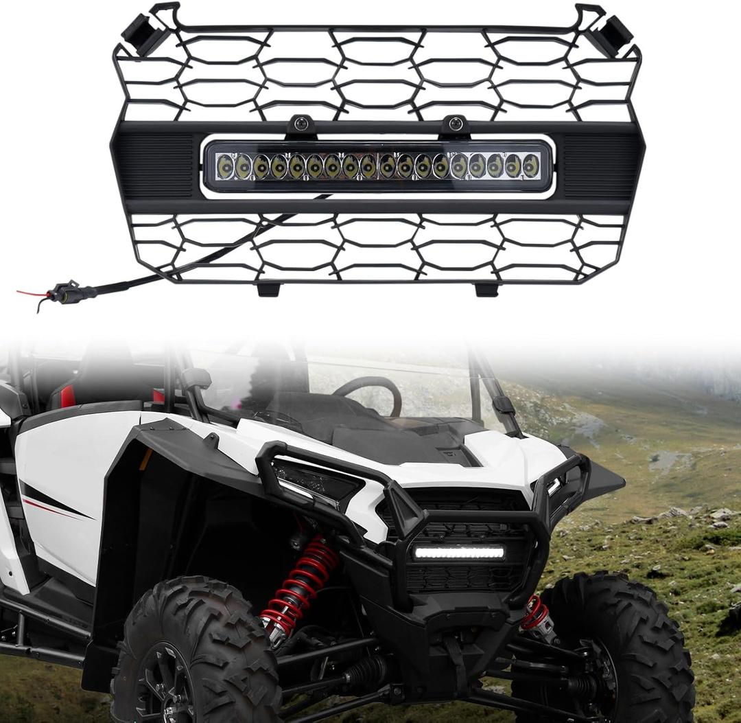 HAKA TOUGH Front Mesh Grill with Light for 2024 2025 Polaris RZR XP 1000 Accessories, Waterproof Mesh Grille with LED Accent Light Bar Spotlight for 2024 Polaris RZR XP 1000/XP 4 1000 Accessories, 1pc
