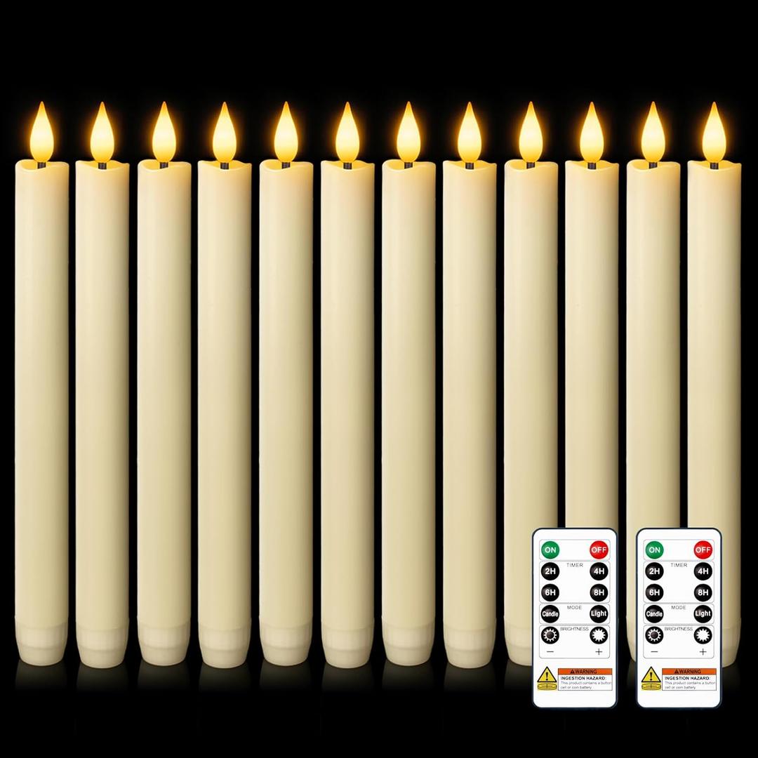 Homemory 12 Pcs Waxy Flameless Taper Candles with Remote, Flickering Battery Operated Taper Candles, Led Flameless Candlesticks Classic Tall Candle for Home, Wedding, Party, Ivory, 9.6 inches