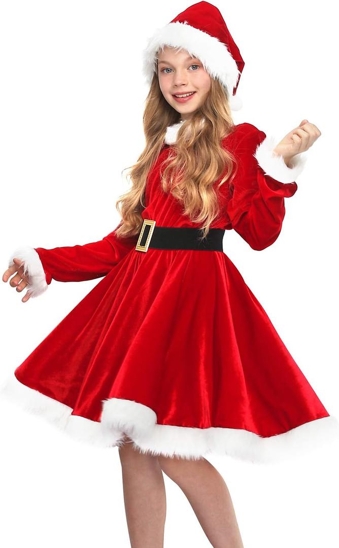 Doxrmuru Girls Mrs Santa Costume Kids Red Claus Costume for Christmas Party (9-10 Years)