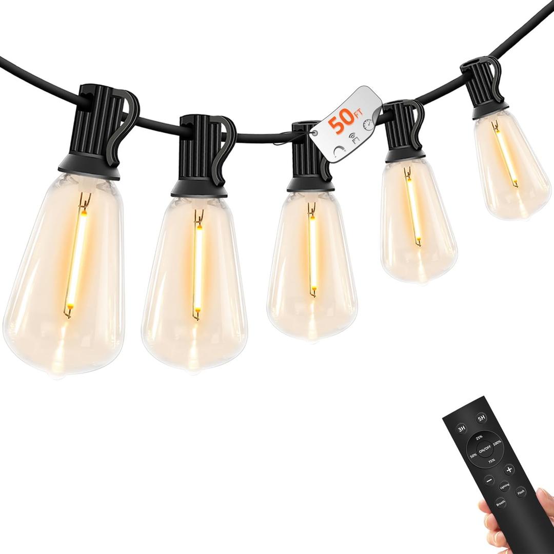 50 FT Outdoor String Lights - LED Waterproof Patio Lights with Dimmer Remote - Edison Bulbs for Porch, Backyard & Cafe/Bistro (Black Plug in (Not Solar))