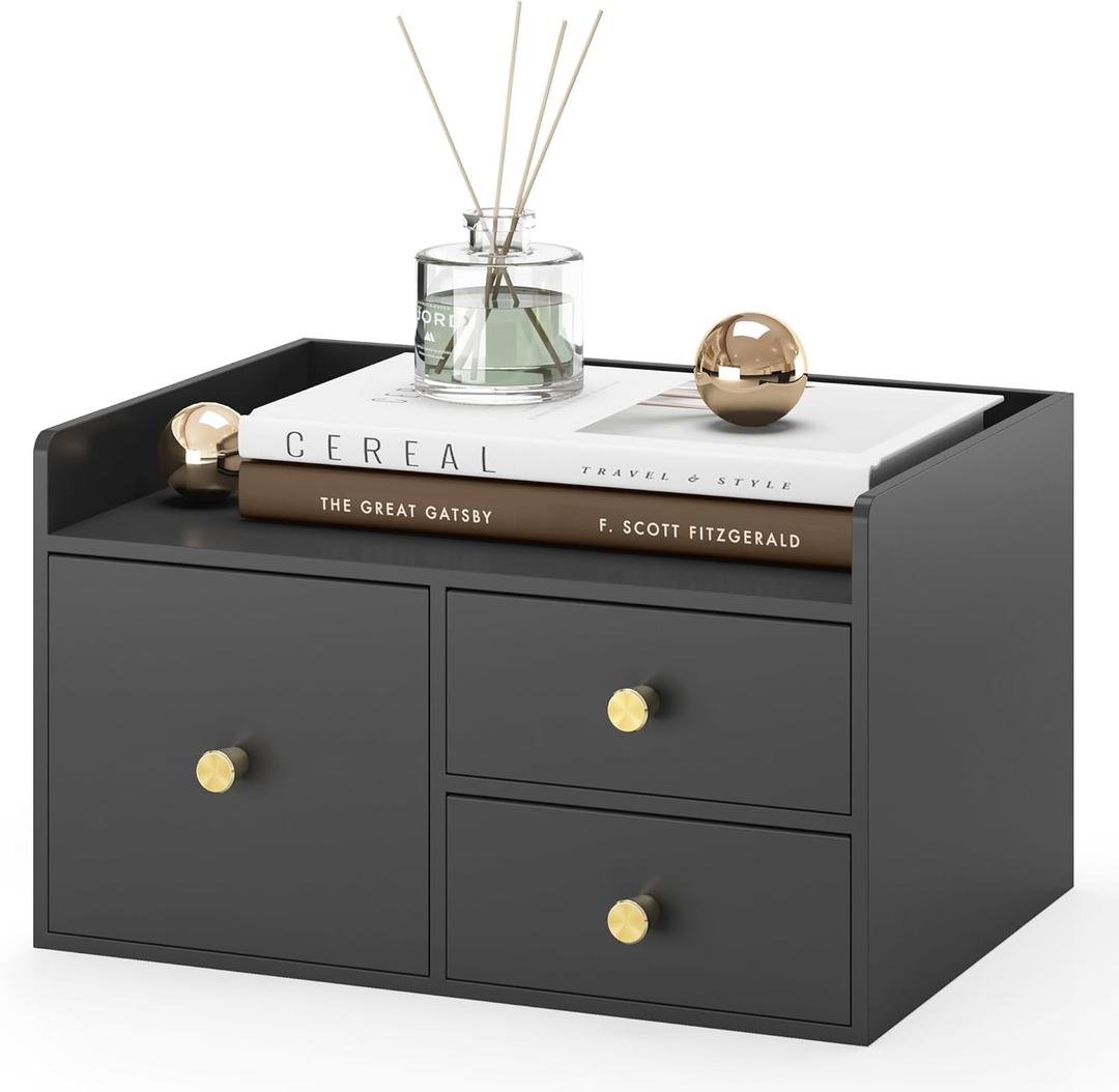 Bamboo Desk Organizer with Drawers Wooden Desktop Storage Drawers for Bills Office Supplies Kitchen Utensils Organizing Tool for Home Classroom Organization No Assembly (Black, 3 Drawer)