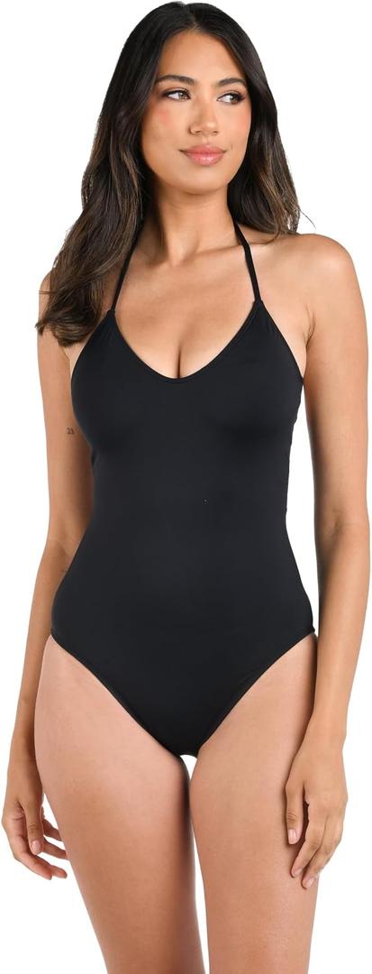 La Blanca Women's One Piece Swimsuit Scoop Front Tummy Control Island Goddess Bathing Suit (Black, L)