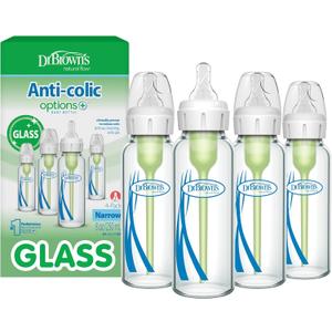Dr. Brown's Anti-Colic Options+ Narrow Glass Baby Bottle with Level 1 Slow Flow Nipple, BPA-Free, 8 oz/250 mL, 0m+, 4-Pack