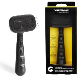 Tweezerman Dog and Cat Slicker Brush for Small Pets, Grooming Brush with Coated Bristles to Prevent Scratching and Ergonomic Handle (Black)