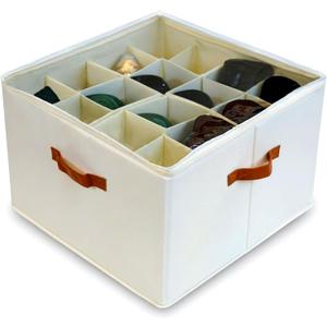 Shoe Organizer for Closet with Adjustable Dividers & Clear Cover - Fits up to 16 Pairs, Foldable Storage Box (Beige)