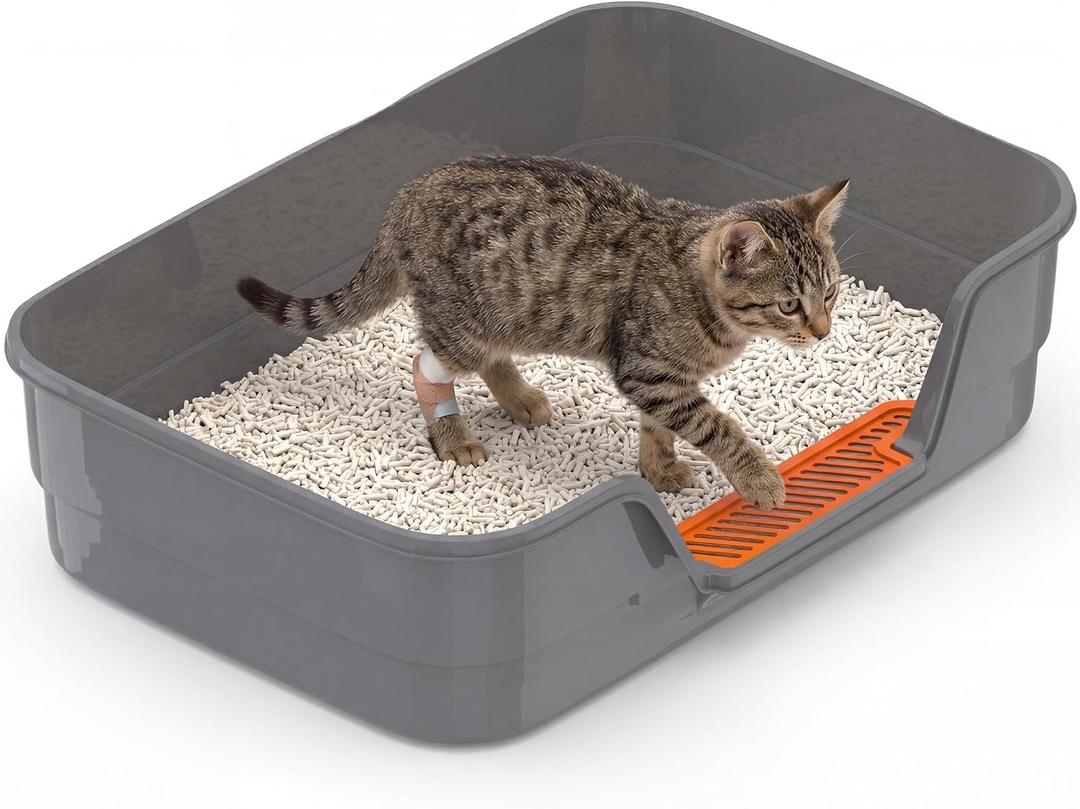 Suhaco Low Entry Litter Box for Senior Cats Extra Large Cat Litter Box with High Sides for Kitten, Anti Splashing & Easy to Clean for Indoor Cats Litter Pan (Gray)