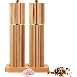 Wooden Salt and Pepper Grinder Set 8" Refillable Wooden Manual Salt and Pepper Mill Set with Adjustable Coarse Settings Rust Resistant Smooth Quality Grinding Mechanism (Fluted, Wood)