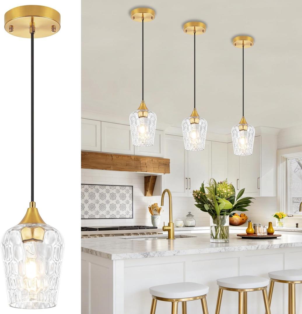 Brushed Gold Pendant Light Fixtures, Thick Hammered Glass Pendant Lights Kitchen Island 3 Pack Modern Hanging Light Hallway Ceiling Light Fixtures Mini Pendant Lights for Bathroom Dining Room