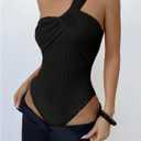 OYOANGLE Women's Textured One Shoulder Going Out Bodysuit Tops Twist Front Ruched Sleeveless Tank Top Body Suits, Medium