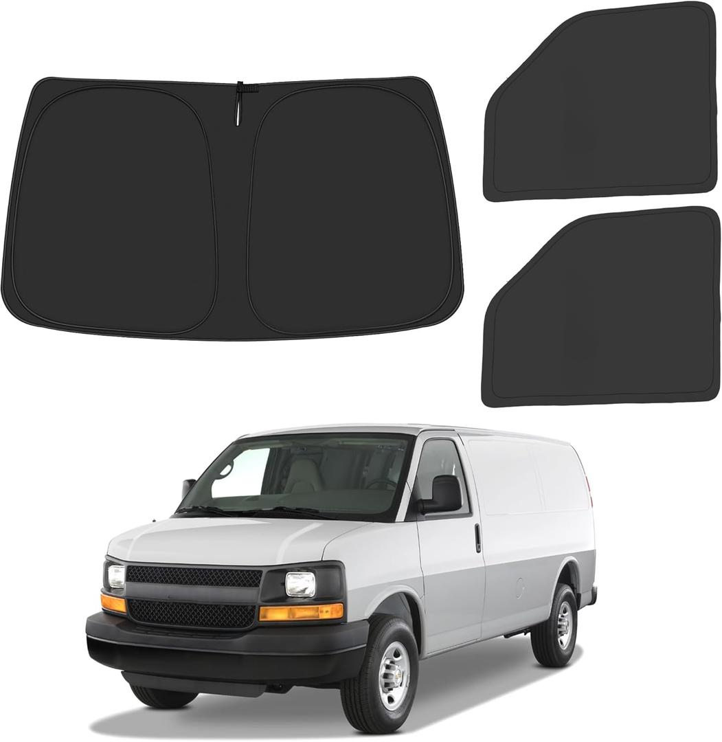 Front Windshield  Side Window Sun Shade for 1996-2025 Chevy Express Accessories Cargo Van, Foldable Window Sunshade Sun Visor Protector, Window Shade Sun Shield Block UV Rays Heat, Pack of 3
