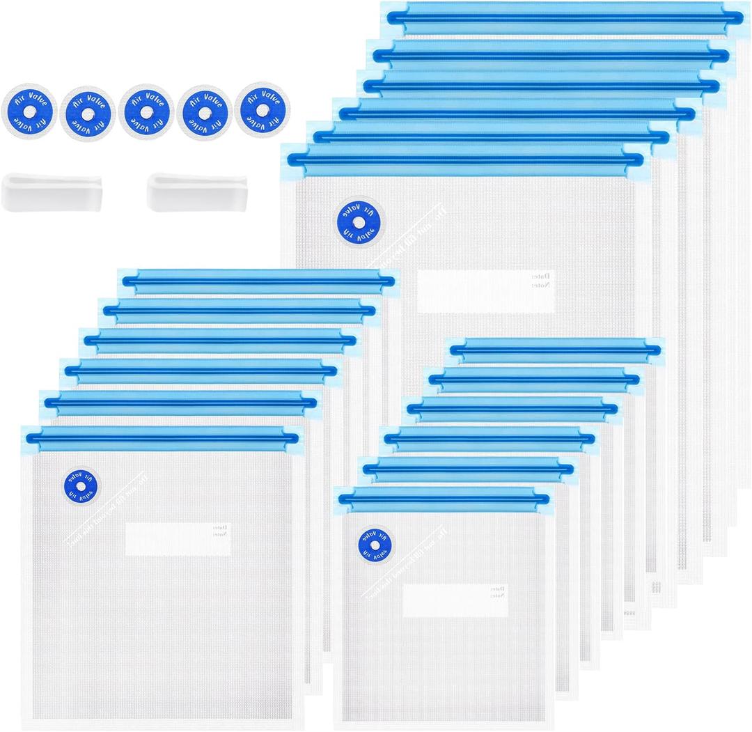 Sous Vide Bags 25Pcs, Reusable BPA Free Vacuum Sealer Bags Vacuum Food Storage Bag for Cooking/ Food Storage/ Microwave Heating - 3 Size 18Pcs Vacuum Zipper Bag & 5 Air Valves & 2 Seal Clips