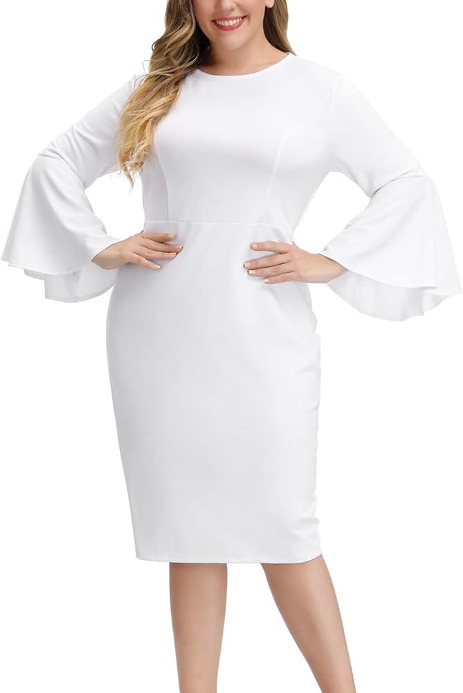 Hanna Nikole Women Plus Size Chiffon Cape Dresses Ruffle Style Midi Bodycon Cocktail Dress, White ,18 W