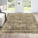 6x9 Low Pile Rug Stain-Resistant & Machine Washable Carpet for Living Room, Bedroom Vintage Floral Print Non-Slip Pet-Friendly Neutral Brown