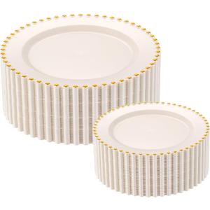 80pcs Ivory Plastic Plates with Gold Rim, Cream Heavy Duty Fancy Party Plates, 40 Dinner and 40 Dessert Plate for Party, Wedding, Deaded Disposable Plate