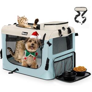 Large Cat Carrier 24"x17"x17", Soft Dog Crate with 2 Bowls, Collapsible Travel Pet Carrier Bag for Cats Dogs Puppies Kittens (Blue)