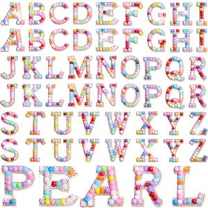 52 Pcs Self Adhesive Pearl Rhinestone Letter Patches Rhinestone A-z Glitter Pearl Sew on Patches Bling Letter Sticker Appliques Fabric Craft for DIY Clothes Bags Hats(Cute Style)