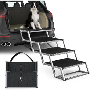 Extra Wide Dog Stairs for Large Dogs, Foldable Dog Ramp for Car with Non-Slip Surface, Dogs Stairs for Cars, High Beds, Truck, Supports up to 250 lbs, 4 Steps