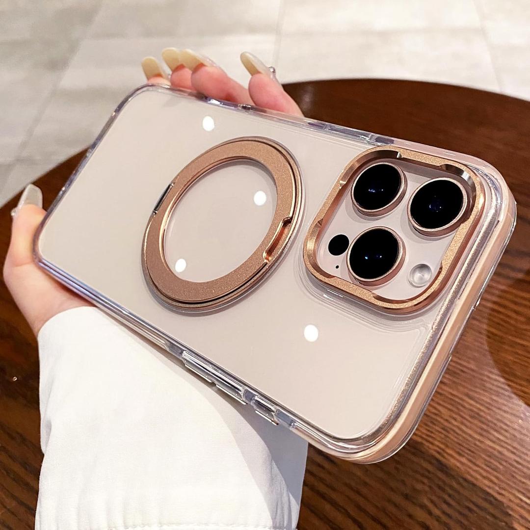 OWLSTAR for iPhone 16 Pro Max Case with Rotatable Metal Magnetic Ring Stand, Compatible with MagSafe, Non-Yellowing Clear Hard-Back Protective Kickstand Phone Case 6.9 inch (Desert Gold)