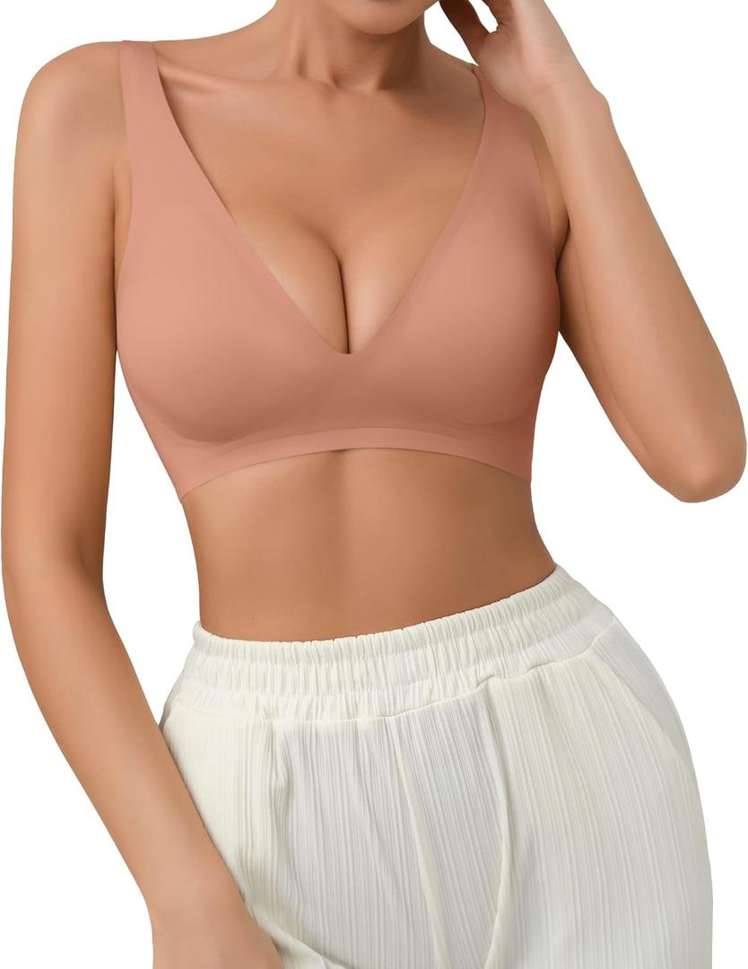 SHARICCA Pro Seamless Bra for Women Deep V Neck Wirefree Bra Adjustable Strap Comfort Sleep Bra Removable Padded Bralette (Small, Beanpink)