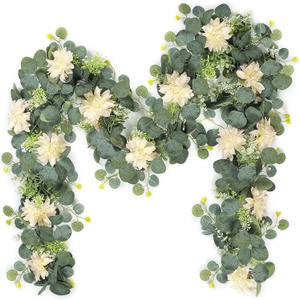 Dremisland Artificial Flower Garland 2 Pack 12Ft Champagne Dahlia Flower Vines Hanging Floral Eucalyptus Greenery Garland Decoration for Wedding Arch Bedroom Home Wall Backdrop Room Decor (2PCS)