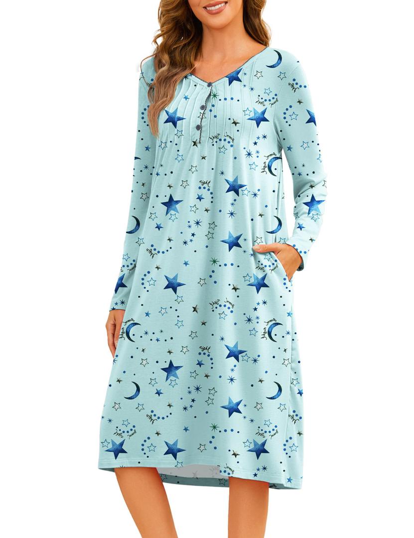 Becotal Nightgowns for Women Floral Print House Dresses Pleated Sleepwear Long Sleeve Sleep Shirts Mumu Dresses with Pockets Cotton Sleep Wear Star and Moon XXL