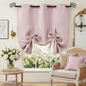 Pony Dance Bathroom Curtains Window - Tie Up Shade Thermal Curtain for Small Window Valance Decorative Panel for Kitchen, W 42 inches x L 45 inches, Light Pink, 1 Piece
