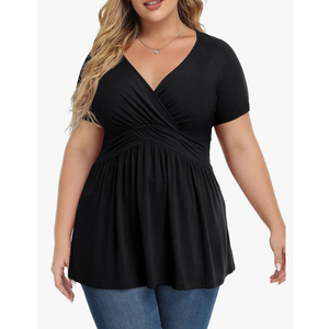 TIANZHU Women's Plus Size Dressy Tops Wrap Shirt Short Sleeve Tunic Top V Neck Low Cut Cute Blouse Size 4XL