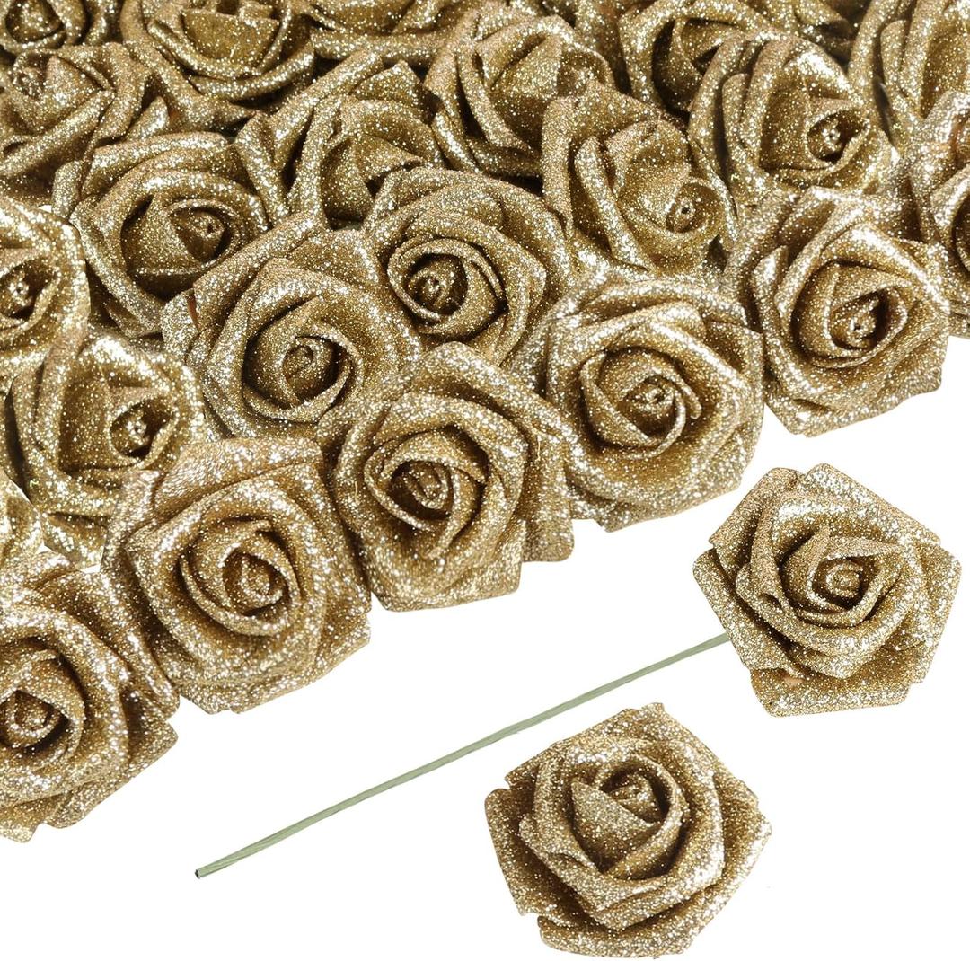 30 PCS Gold Artificial Flowers Glitter Roses Artificial Roses 2.17 in Foam Fake Flowers with Stem for Wedding Home Party DIY Bridal Bouquet Centerpieces Decor(Gold)