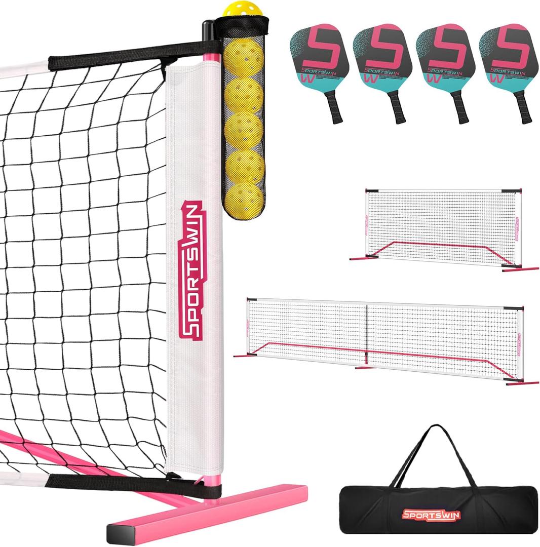 Portable Pickleball Net for Driveway, 22FT & 11FT 2IN1 Pickle Ball Net with 4 Paddles, 8 Pickleballs, Ball Collector, Carry Bag, Practice Net Set for Garages Backyard (White)