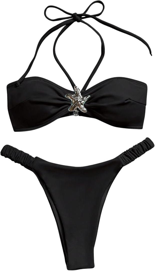 WDIRARA Women's 2 Piece Halter Bikini Sets Sexy Starfish Brazilian Metal Swimsuit L